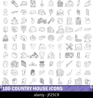 Maison de campagne 100 icons set style du contour, Illustration de Vecteur