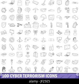 100 cyber terrorisme icons set style du contour, Illustration de Vecteur