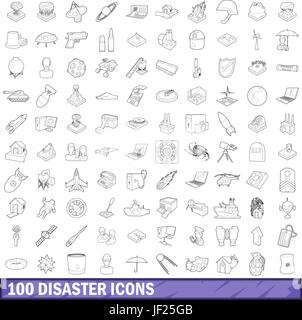 100 icons set catastrophe style du contour, Illustration de Vecteur