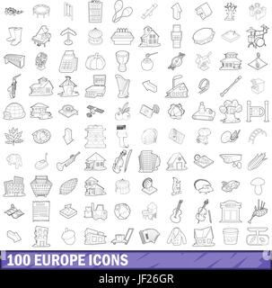 100 europe icons set style du contour, Illustration de Vecteur