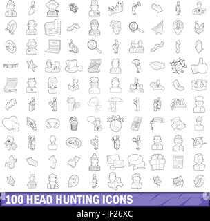 100 chasse de tête icons set style du contour, Illustration de Vecteur