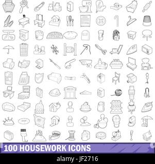 100 ménage icons set style du contour, Illustration de Vecteur