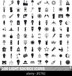 100 light source icons set, le style simple Illustration de Vecteur