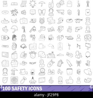 100 sécurité icons set style du contour, Illustration de Vecteur