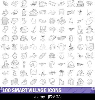 100 smart village icons set style du contour, Illustration de Vecteur