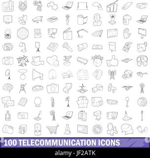 Télécommunications 100 icons set style du contour, Illustration de Vecteur