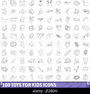 100 jouets pour les enfants, jeu de cons style contour Illustration de Vecteur