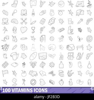 Vitamines 100 icons set style du contour, Illustration de Vecteur