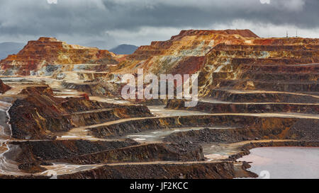 Vue détaillée de la mine de cuivre à ciel ouvert dans les nuages orageux avec Rio Tinto, Espagne Banque D'Images