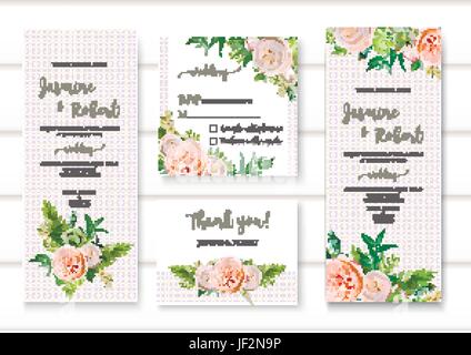 Invitation de mariage, floral inviter carte avec jardin rose rose green succulentes cactus, fleurs, plantes de saison romantique mélange des modèles. Vector anniversa Illustration de Vecteur