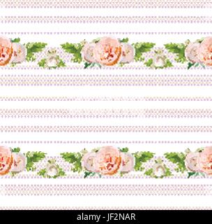 L'été floral vecteur seamless pattern design : bouquets de jardin blanc rose vert rose fleurs herbes plantes saisonnières fern verdure sur zone à pois Illustration de Vecteur