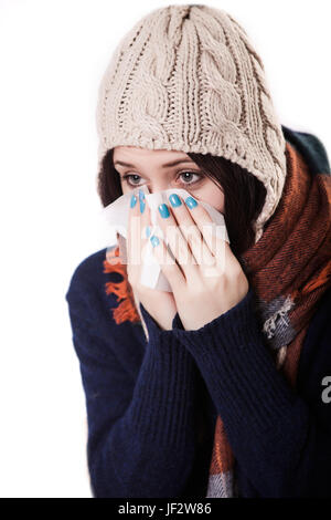 La douleur. Épuisé de fatigue a souligné femme souffrant de fortes douleurs aux yeux. Portrait de belle jeune femme malade, avoir des maux de tête, nez la douleur et T Banque D'Images