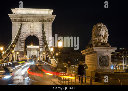 BUDAPEST, HONGRIE - le 22 février 2016 : Belle nuit Budapest, le pont des Chaînes sur le Danube en lumières et ciel étoilé, paysage urbain adapté Banque D'Images