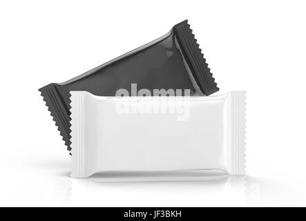 Rendu 3D incliné noir petit sac vide derrière un blanc pour l'alimentation, l'utilisation de la conception de l'emballage, isolé sur fond blanc avec l'ombre, side view Banque D'Images