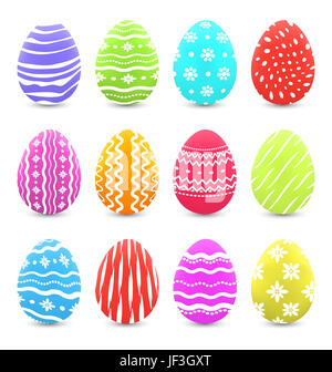 Illustration de nombreux oeufs de Pâques fleuries multicolores avec ombres isolé sur fond blanc - Banque D'Images