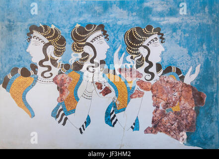 Mesdames en bleu fresque, Palais de Knossos (Knosos), Héraklion (Irakleio), Région Irakleio, Crète, Grèce (Crète) Banque D'Images