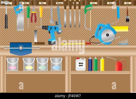 Bois, graphique, illustration, vu, établi, scie circulaire, vector, menuiserie, Illustration de Vecteur