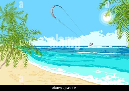 Paysage de bord de mer de palmiers et cerf-volant. L'été de kitesurf sur fond de mer tropicale sports nautiques. Illustration de Vecteur