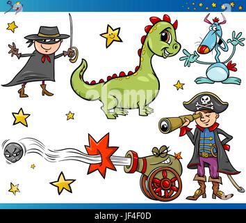 Fantasy, illustration, conte de fée, dragon, cannon, pirate, cartoon, alien, Illustration de Vecteur