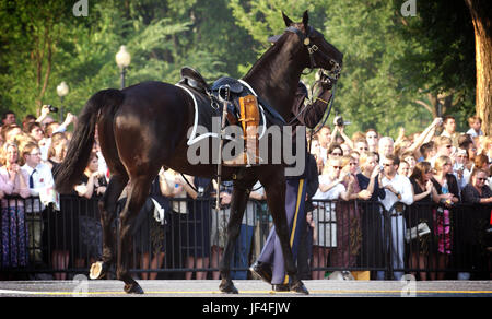 Un cheval anglais dans l'suit le caisson portant l'ancien Président Ronald Reagan cercueil, recouvert du drapeau pendant son cortège funéraire. Une paire de bottes du président Reagan sont inversés dans les étriers de la selle vide symbolisant que jamais il ne ride à nouveau. U.S. Air Force photo par le Sgt. Jim Varhegyi Banque D'Images