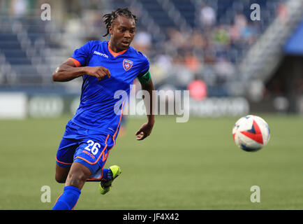 Miami, Floride, USA. 28 Juin, 2017. Le milieu de terrain du FC Miami Michael Lahoud (26) en action au cours de la première moitié d'un US Open Cup Lamar Hunt, ronde de 16 jeu, entre l'Atlanta United FC vs Miami FC à la Riccardo Silva Stadium de Miami. Mario Houben/CSM/Alamy Live News Banque D'Images