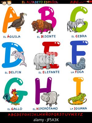 Les animaux, illustration, l'espagnol, l'alphabet, cartoon, ABC, le type, l'application, Illustration de Vecteur