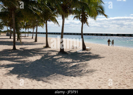 Près de chaises de plage et de palmiers, un couple se dirige vers l'océan de l'eau. Banque D'Images