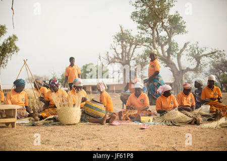 Les femmes d'une coopérative du tisserand traditionnel tisser des paniers de paille ensemble dans la région du nord-est, au Ghana. Banque D'Images