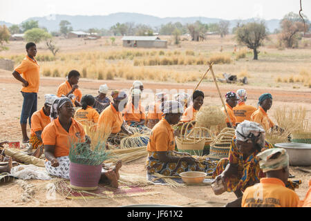 Les femmes d'une coopérative du tisserand traditionnel tisser des paniers de paille ensemble dans la région du nord-est, au Ghana. Banque D'Images