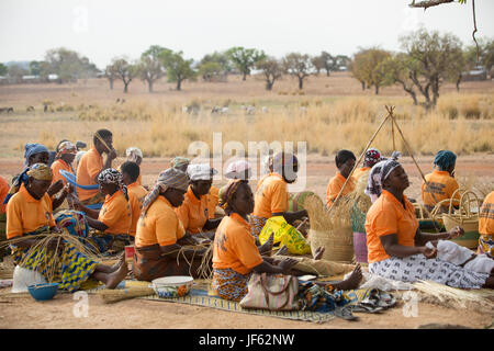 Les femmes d'une coopérative du tisserand traditionnel tisser des paniers de paille ensemble dans la région du nord-est, au Ghana. Banque D'Images