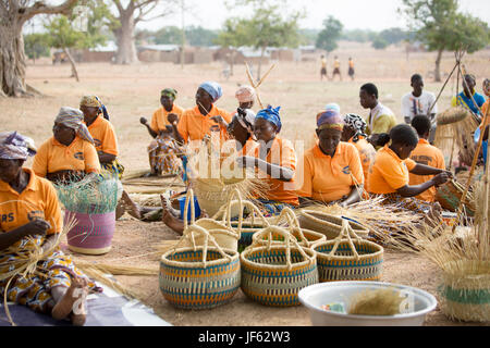 Les femmes d'une coopérative du tisserand traditionnel tisser des paniers de paille ensemble dans la région du nord-est, au Ghana. Banque D'Images