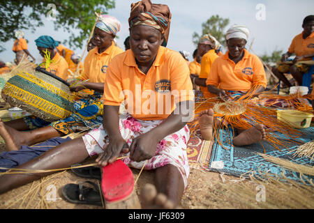 Les femmes d'une coopérative du tisserand traditionnel tisser des paniers de paille ensemble dans la région du nord-est, au Ghana. Banque D'Images