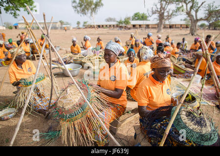 Les femmes d'une coopérative du tisserand traditionnel tisser des paniers de paille ensemble dans la région du nord-est, au Ghana. Banque D'Images