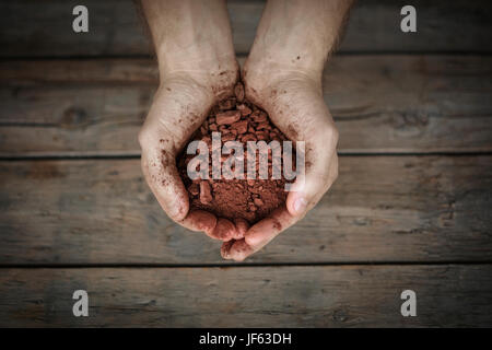 Épices dans mans hands, close-up Banque D'Images