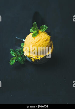 Jolie cuillère à crème glacée de sorbet mangue dans une pelle, copy space Banque D'Images