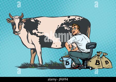 Businessman des mines des bitcoins traire une vache, world business Illustration de Vecteur