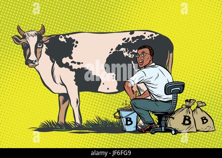 African businessman des mines des bitcoins traire une vache, world business Illustration de Vecteur