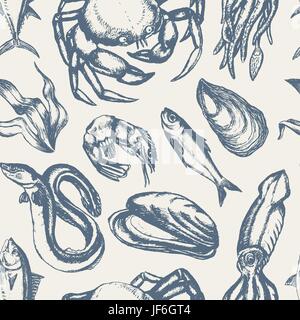 De délicieux fruits de mer - noir et blanc vector hand drawn seamless pattern. Algue réaliste, algues, calmars, crabes, crevettes, moules, huîtres, pétoncles géants, t Illustration de Vecteur