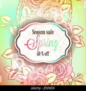 La saison du printemps vente bannière avec fleurs et feuilles de couleur rose pastel, avec pour arrière-plan la promotion de printemps ou de décoration. Illustration de Vecteur