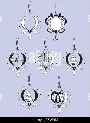 Décoré, noël, set, ornements, noël, x-mas, arbre, arbres, feuilles, noir, Illustration de Vecteur