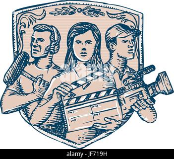 Clap de tournage caméraman sonorisateur Etching Illustration de Vecteur