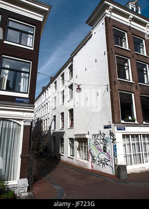 Une image montrant l'intersection de Derde Leliedwarsstraat et Bloemgracht à Amsterdam. Cet endroit est connu pour ses canaux pittoresques et son architecture typiquement hollandaise, mêlant des éléments modernes et traditionnels au cœur de la ville. Banque D'Images