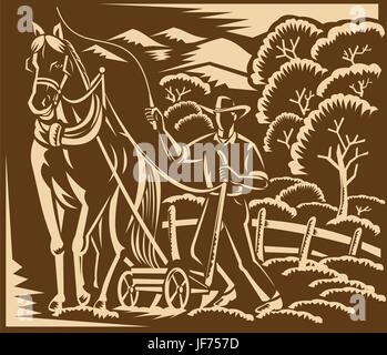 Arbre, arbres, montagnes, cheval, homme, masculin, de l'agriculture, de l'agriculture, domaine, Illustration de Vecteur