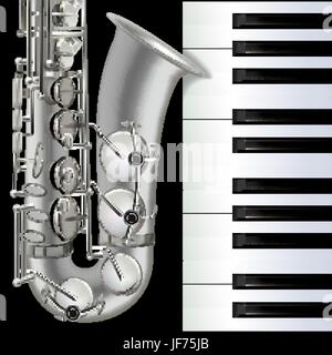 De la musique, piano, balançant, swing, saxophone, clé, le saxophoniste, acoustique, musique, Illustration de Vecteur