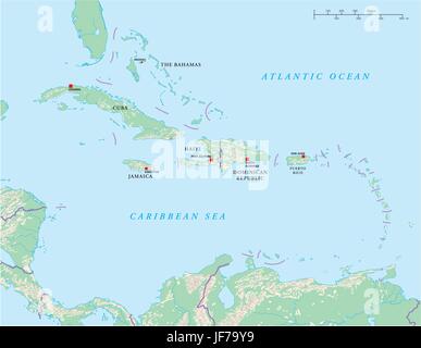 Cuba, Jamaïque, Caraïbes, Haïti, carte, atlas, carte du monde, de l'océan Atlantique, Illustration de Vecteur