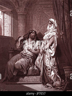 Samson et Dalilah, scène biblique de l'Ancien Testament. Gravure sur bois par Gustave Doré (1832 - 1883). Traitement de l'histoire de l'opéra de Saint-Saëns. 'Samson' aussi, oratorio de Haendel, basé sur le poème épique de John Milton 'Samson Les agonistes'. Dalila, Delila, Delilah, Simson Banque D'Images