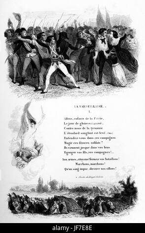 Hymne national français - 'La Marseillaise' Illustration d'hommes armés prêts à l'assaut. Avec une partie des paroles par Rouget de Lisle. Révolution française. Banque D'Images