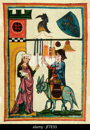 Dietmar von Aist -poète autrichien,parle à sa dame , déguisé en marchand. . Illumination du Codex Manesse ou grosse Heidelberger Liederhandschrift,(ca.1300) par Rudiger Manesse et son fils Johannes. Miniature. Folio 64r. Université de Heidelberg. Banque D'Images