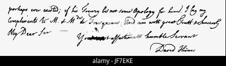 David Hume - fin d'une lettre manuscrite de Jean Bernard, en date du 12 août 1766. Dans la lettre, Hume Jean Bernard informe qu'il a envoyé sa correspondance avec Rousseau à lire. JB, l'abbé Le Blanc et le compilateur de son discours poétique ''. DH : philosophe écossais, 26 avril 1711 - 25 août 1776. JB : critique d'art français, 1707 - 1781. Banque D'Images