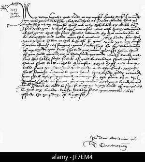 Lettre de Thomas Cranmer à Thomas Cromwell. 13 août 1537. Manuscrit signé. T'Arc : l'archevêque de Canterbury et théologien, 2 juillet 1489 - 21 mars 1556. T Cro : d'État anglais, a servi comme Ministre principal du roi Henri VIII, c 1485 - 28 juillet 1540. Banque D'Images